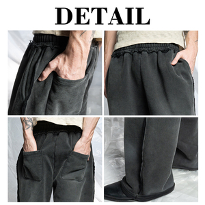 KingSen 100% Cotton Breathable Acid Washed Vintage Loose-Fit Distressed Pants for Men OEM Streetwear <b>Elastic</b> Waist with Pocket - Product Image 6