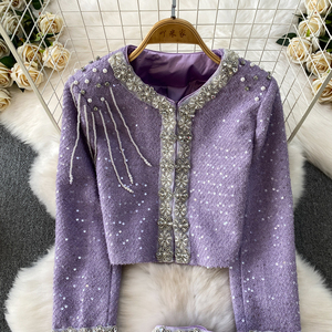 Ensemble deux pièces élégant pour <span class=keywords><strong>femme</strong></span>, veste à col rond ornée <span class=keywords><strong>de</strong></span> perles lourdes, jupe à sequins ajustée, <span class=keywords><strong>tenue</strong></span> <span class=keywords><strong>de</strong></span> soirée jeune et élégante - Product Image 4