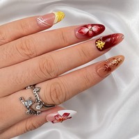 Faux Ongles Personnalisés Automne à Presser, Amande, Motif Floral 3D, Effet Ombré Bourgogne Doré, Gel Brillant, Vente en Gros OEM