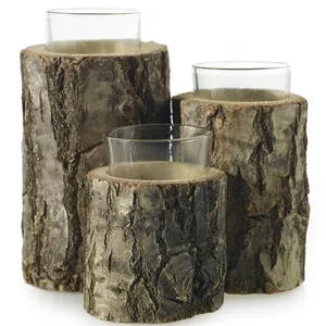分层橡木木质方形木质烛台，带玻璃茶灯