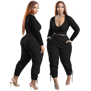 S-5xl autunno taglie forti abbigliamento da <span class=keywords><strong>donna</strong></span> Casual manica lunga scollo a V Top a vita alta <span class=keywords><strong>pantaloni</strong></span> con coulisse due pezzi Set di <span class=keywords><strong>pantaloni</strong></span> - Product Image 5