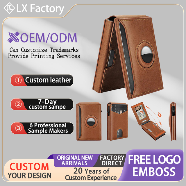 Classic Brown Metal Name Card Holder Purse for Men with Find My Airtag Tracker Function Slim Smart Side Popup PU Leather Wallet