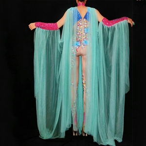 Elf Fata Fiore Del <span class=keywords><strong>Costume</strong></span> Moderno Femminile Cantante di Nightclub Tuta Dj Strass a Mano Del Manicotto Del Mantello Del Gogo Vestito Fase Costumi - Product Image 4