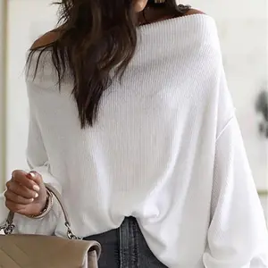 Sexy Batwing Sleeve Simple Design Ribbed Knit Crop Tops Knitwear Pullover Plus Size Long Sleeves Women Off Shoulder Sweaters