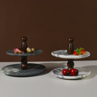 Natuurlijke marmeren witte serveerschaal met houten handvat, dubbele laag, fruit- en taartplateau, marmeren dessertplateau, decoratie voor thuis, keuken en feestjes, groothandel