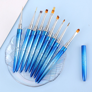 Manicure Brush <b>Set</b> Nylon Oval Flat Liner Design <b>Crimped</b> Ferrule Metal Handle Multifunctional Gel Nail Art Painting Salon Tool - Product Image 1