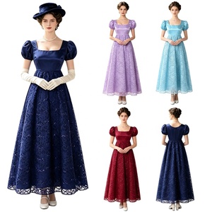 Vestido de Época Regency para Mujer con Cintura Imperio, Corsé de Satén, Encaje Floral Superpuesto, Manga Abullonada y Dobladillo Festoneado - Product Image 1