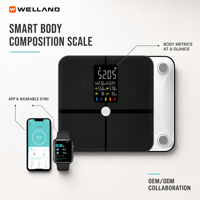 Balance connectée intelligente WELLAND avec écran VA, analyseur numérique d'IMC, synchronisation via application WiFi et Bluetooth, vente en gros, marque privée, direct usine