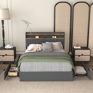 Base de Cama Minimalista y Confortable con Plataforma, 4 Cajones de Almacenamiento, Luces LED, Cabecera Tapizada, Estación de Carga y Silenciosa - Product Image 1