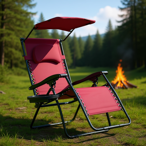 Silla Reclinable Plegable Color Rojo Oscuro con Estructura de Aluminio, Toldo y Portavasos para Uso en Exteriores, Camping y Jardín - Product Image 2