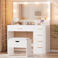 Coiffeuse blanche avec miroir Hollywood et station de charge, table de maquillage avec 5 tiroirs et tabouret de rangement pour chambre à coucher et maison