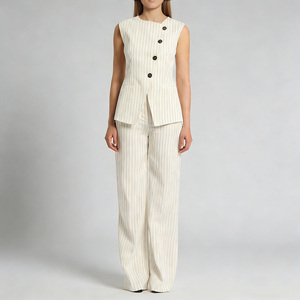 <span class=keywords><strong>Chaleco</strong></span> Elegante de Lino <span class=keywords><strong>con</strong></span> Rayas Color Marfil para <span class=keywords><strong>Mujer</strong></span>, Sin Mangas, <span class=keywords><strong>con</strong></span> Botones al Frente, Estilo Blazer, Ideal para Oficina, Verano - Product Image 3