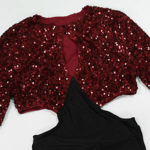 Robe longue de soirée moulante à sequins contrastants et découpes pour femme, manches longues, tendance - Product Image 5