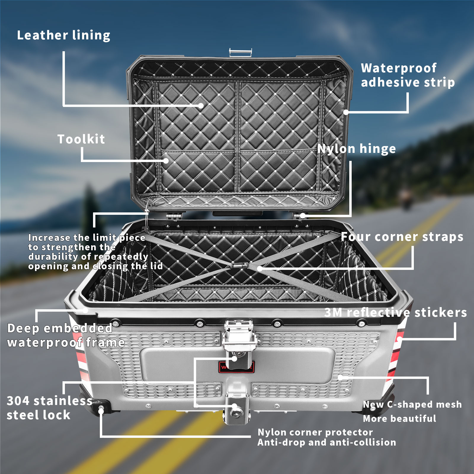 WOSHIDERファクトリーシルバーバイクテールボックス新しい65L