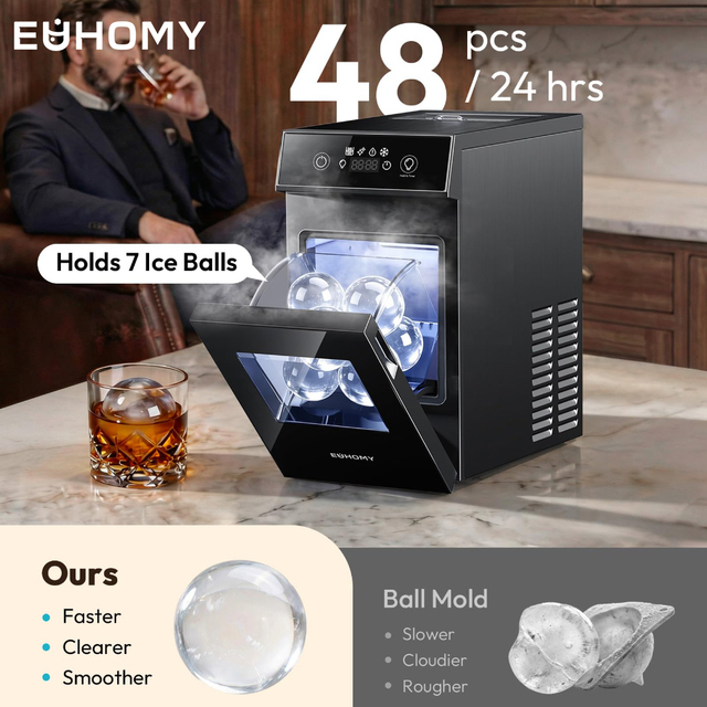 Euhomy 2.4 Inch 61mm Ice Ball Maker 2 Spheres/40 Min Clear Ice Making Machine for Brand Distribution