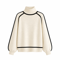 Pull en maille surdimensionné à col montant personnalisé avec logo pour femme, automne-hiver, manches longues, passepoil contrastant, vente en gros