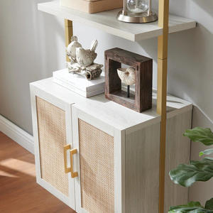 مصنع جديد مخصص مفتوح الصلب هيكل خشبي خزانة مع الروطان تصميم عصري جدار سلم رف الكتب - Product Image 4