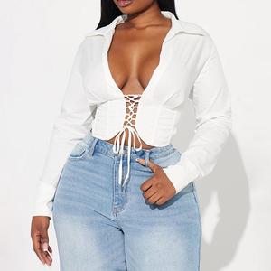 Simple Sexy <span class=keywords><strong>Blanc</strong></span> À Manches Longues À Lacets V Profond D'été Crop Tops pour Femmes Sehe Mode - Product Image 1