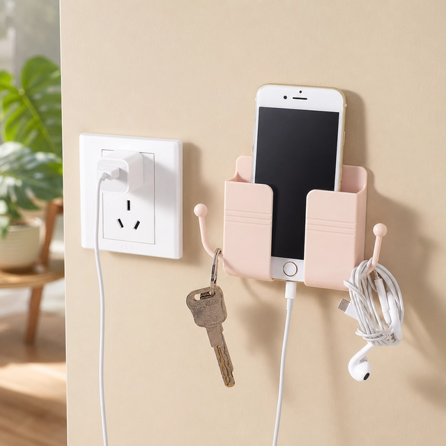 Wall Mounted Phone Holder Storage Box Self Adhesive Remote Control Organizer Bedside Charging Stand with Side Hooks