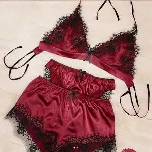 X2185 Wholesale mature satin bra+panty+shorts sexy lace women's lingerie set temptation underwear for girls erotic pajamas set