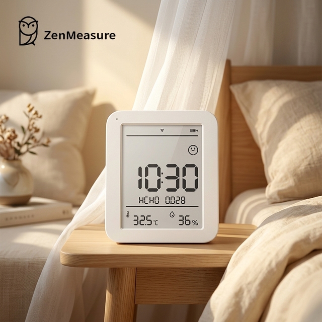 ZenMeasure Air Quality Monitor Formaldehyde Detector HCHO Temperature Humidity Sensor WiFi App E-ink Display for Home Bedroom