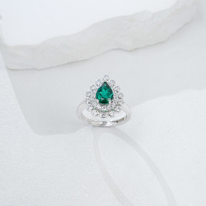 925 Sterling <b>Silver</b> Lab Created <b>Emerald</b> Pear Cut Halo <b>Ring</b> for Women - Product Image 1