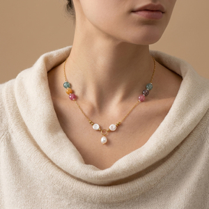Collier en acier 316L plaqué or 18K PVD, étanche et inaltérable, avec pendentif double pièce, perle baroque et goutte d'eau, cadeau bouddhiste - Product Image 5