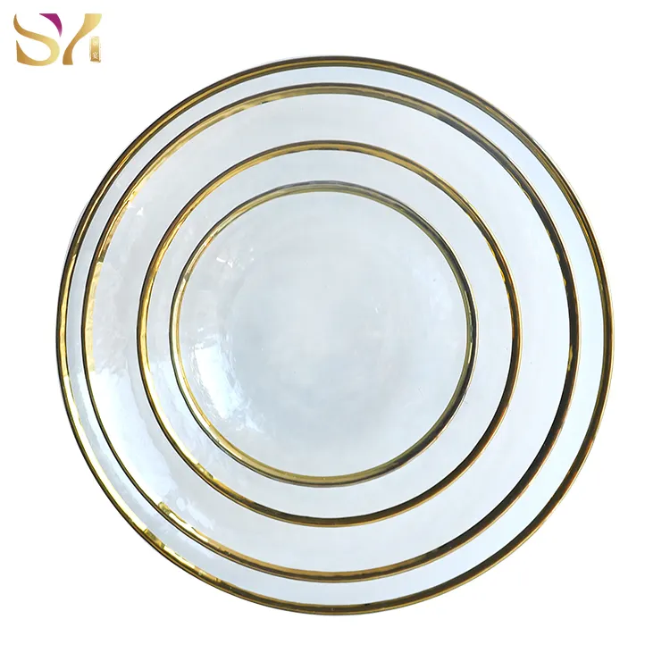 Clear Gold rim charger Plates and purple fruit salad bowl Glass Pink rim Dinner Sets for Wedding Decorative