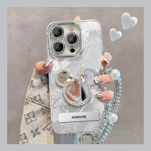 Coque de protection rigide en PC pour iPhone X, XR, XS, 11, 12, 13, 14, 15, 16 Pro Max avec support miroir et protection d'objectif, motif diamant mignon - Product Image 5