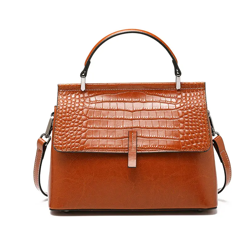 Fashion Genuine Cow Leather Women Alligator Pattern Shoulder Hand Bags Luxury Handbags Brown Crossbody Bags For Women