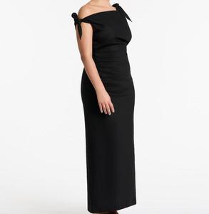 Vestido de lino favorito del cliente Vestidos de lino casuales de lino con cuello oblicuo de manga negra - Product Image 2