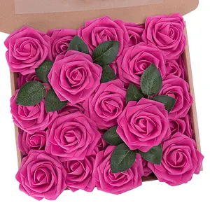 MACTING 25pcs 3.1 inch DIY Artificial Flowers Foam Pink Roses Latex Foam Rose with Stem and Leaves for Wedding Valentines's Gift