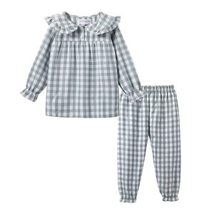 Ensembles de pyjamas pour enfants personnalisés OEM Pyjamas de créateurs pour bébés garçons Ensemble de <span class=keywords><strong>pyjama</strong></span> de <span class=keywords><strong>luxe</strong></span> vichy deux pièces Boutique Vêtements de nuit à volants - Product Image 5