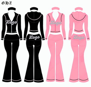 Completo Yoga <span class=keywords><strong>Tuta</strong></span> da Casa con Felpa Corta Regular e Pantaloni a Zampa in Cotone Spandex con Logo Personalizzato in Strass Adatto a Ragazze Alte - Product Image 1