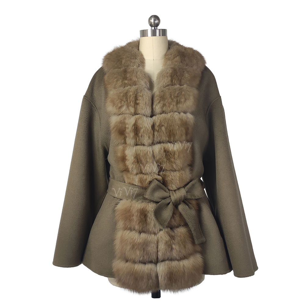 ViVi7 Premium Natural Trimmed Wool Coat High Grade Cashmere Loose Silhouette Winter Fashion Outerwear Women Real Fox Fur Coat