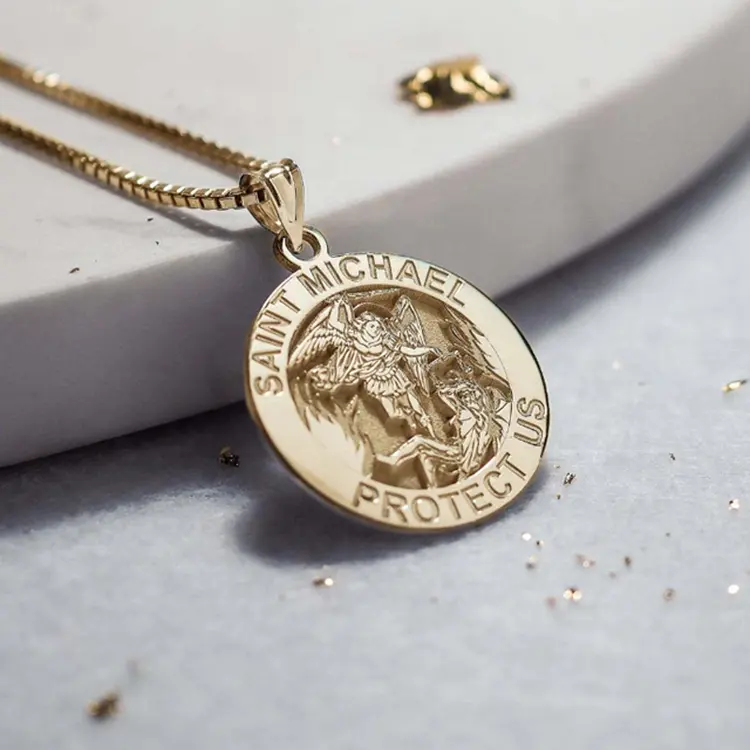 Оптовая продажа, ожерелье в стиле святого Михаила, позолоченное круглое ожерелье с религиозной медалью Св. Михаила