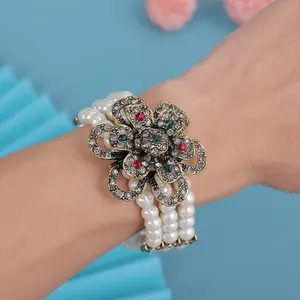 Algerian New Imitation Pearl Grey Stone Flower Bracelet Arab Handmade Beaded Vintage Jewelry