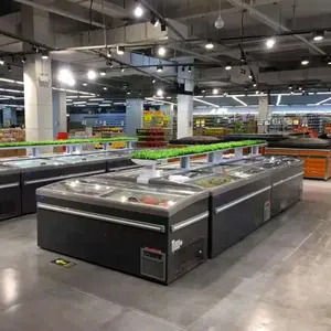 Comercial combinado supermercado isla pantalla congelador con dos puertas de vidrio para alimentos congelados