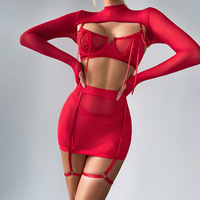 Dierlove Ensemble de Lingerie Premium pour Femme, Noir en Maille, avec Shrug à Manches Longues, Soutien-gorge de Maintien, Jupe à Bretelles Taille Haute et String
