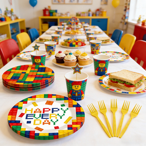 616363 Ensemble de 96 pièces sur le thème des blocs de construction - Kit de vaisselle coloré pour <span class=keywords><strong>anniversaire</strong></span> - Product Image 1