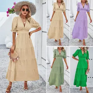 Pretty Steps 2024 Spring-Summer Dress A-Line Satin Waist Dress Natural Waistline Breathable Solid Color V-Neck Foreign Trade