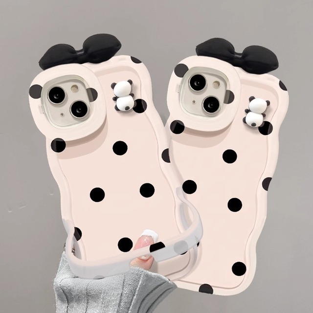 3D Panda Doll Bowknot Invisible Holder Wave Edge TPU Mobile Phone Cover Case for Iphone X Xr Xs 11 12 13 14 15 16 Pro Max
