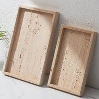 Ensemble de 3 pièces en pierre naturelle : Plateau rectangulaire en travertin, Pot de rangement et Boîte à mouchoirs en marbre rose