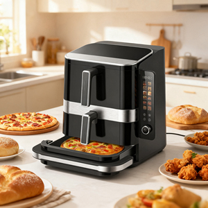 <span class=keywords><strong>Friteuse</strong></span> à <span class=keywords><strong>air</strong></span> 3 en 1 à <span class=keywords><strong>double</strong></span> empilage de grande capacité 10L 2800W avec plaque à pizza et écran pliable, vente chaude - Product Image 1