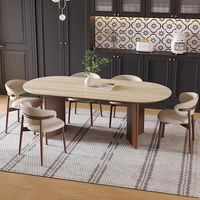 Ensemble de table à manger moderne en noyer avec plateau en travertin, pieds en bois massif, ovale, 8 chaises pour restaurant, maison, dîner