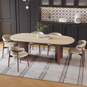 Mesa de Comedor Moderna de Madera de Nogal con Base Ovalada de Travertino, Juego de Mesa de Comedor con 8 Sillas para Restaurante, Hogar, <span class=keywords><strong>Cena</strong></span> - Product Image 2