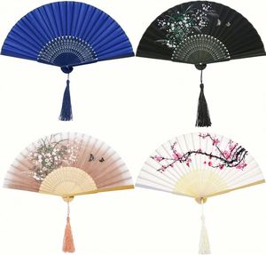 Lady's Folding Hand Fan Retro Chinese Bamboo <b>Silk</b> for Hot Flash Church Decoration EDM Music Festival Grey <b>Red</b> Buds - Product Image 6