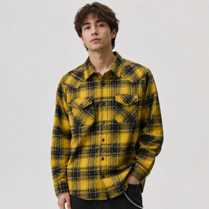 Chemises en flanelle personnalisées OEM/ODM pour hommes, <span class=keywords><strong>jaune</strong></span> et noir, chemise à carreaux pour hommes, coton brossé, manches longues, <span class=keywords><strong>surchemise</strong></span> décontractée, logo personnalisé - Product Image 1