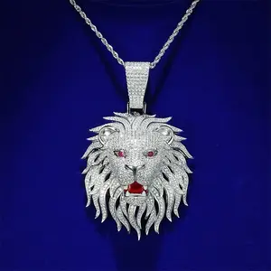 Beste Qualität groß 60 MM Herren Echte Sterling-Silber rot Emaille Zunge lila würfel Zirkonsieuge 3D Königlicher Löwenkopf-Aufhänger