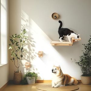 Étagères murales pour chat <span class=keywords><strong>FUKUMARU</strong></span>, station de nourriture avec 2 marches, perchoir en bois de caoutchouc massif - Product Image 4